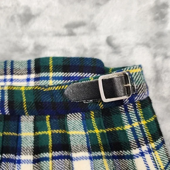 Vintage Skirt Women 14 Green Blue Tartan Plaid Wool Pleated Maxi Buckle Pin Kilt